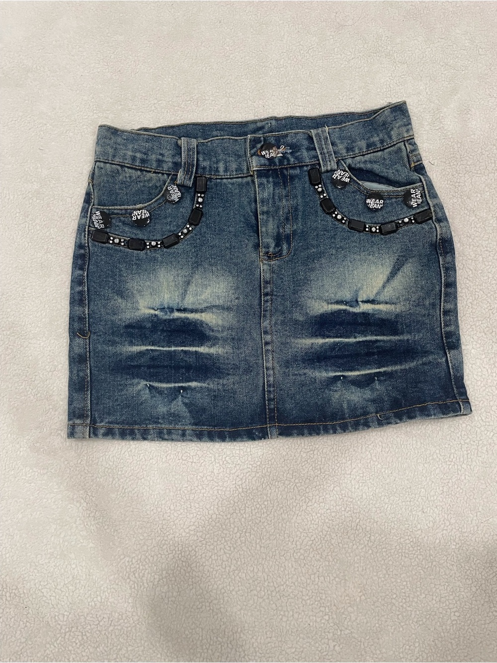 Earl Jeans Blue Distressed Denim Mini Skirt with Embellished Pockets